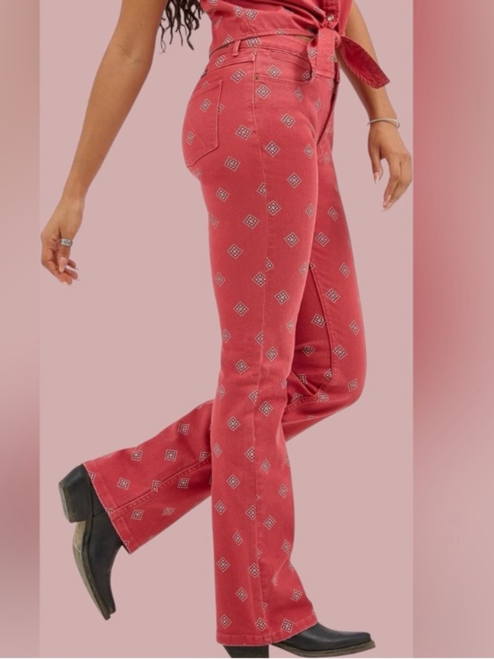 Wrangler High Rise Bold Boot Red Jeans Black White Geometric Print Western NEW